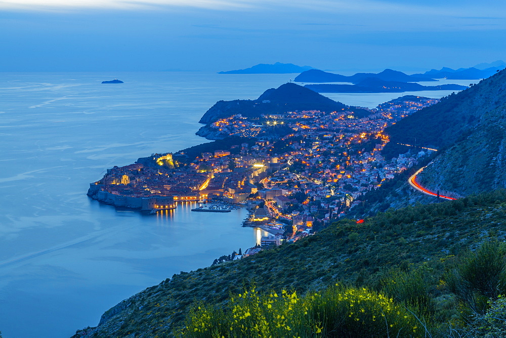 View of the Old Walled City of Dubrovnik at dusk, UNESCO World Heritage Site, Dubrovnik Riviera, Croatia, Europe