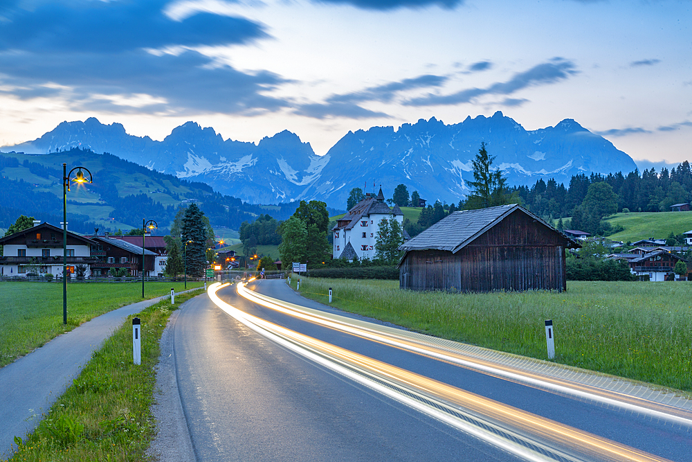 View of Reith bei Kitzbuhel and Wilder Kaiser mountain range, Tirol, Austrian Alps, Austria, Europe