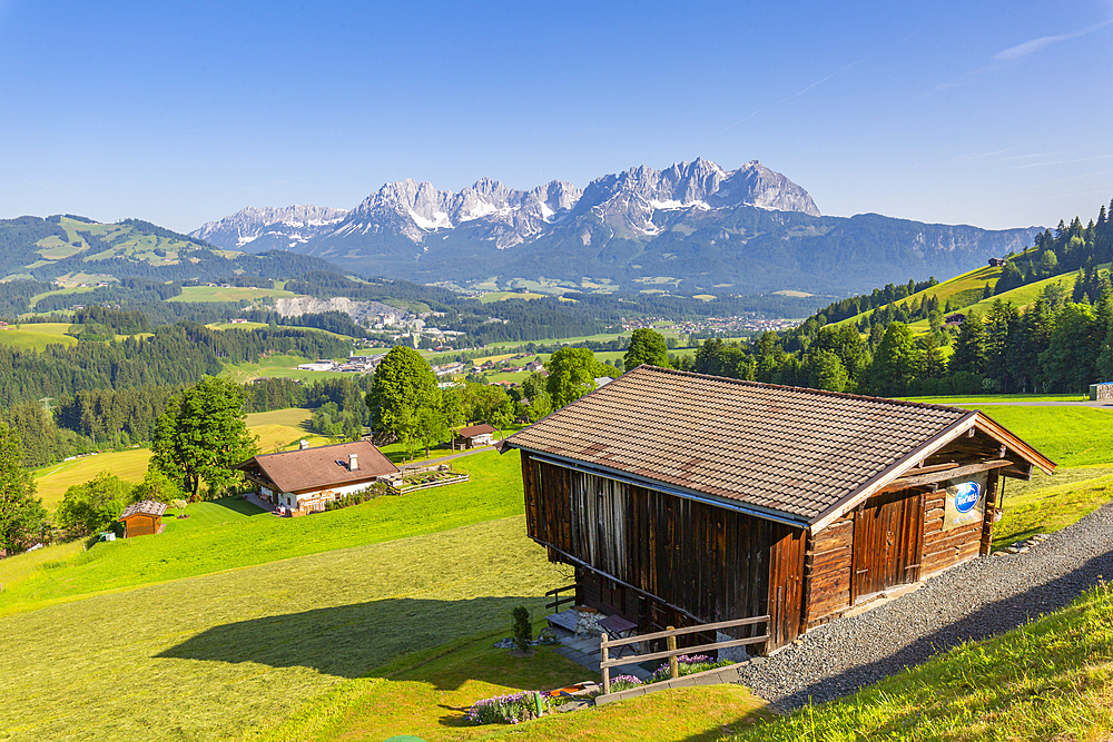 View of Wilder Kaiser from elevated position near Kitzbuhel, Kitsbuhel, Austrian Alps, Tyrol, Austria, Europe