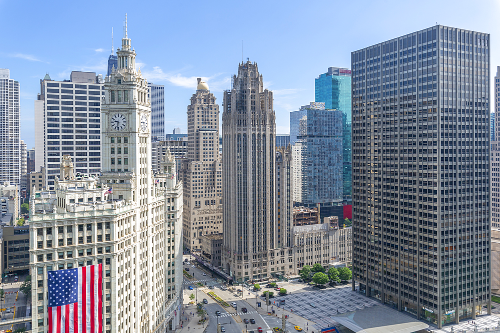 View of Wrigley Building from rooftop terrace, Downtown Chicago, Illinois, United States of America, North America