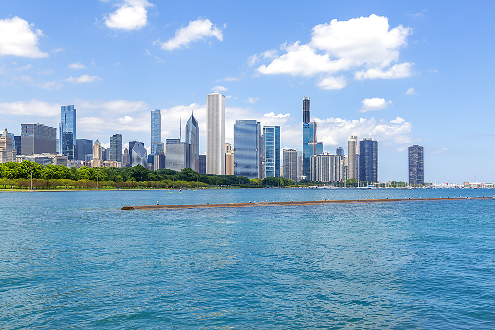 View of Chicago skyline from Lake Michigan taxi boat, Chicago, Illinois, United States of America, North America