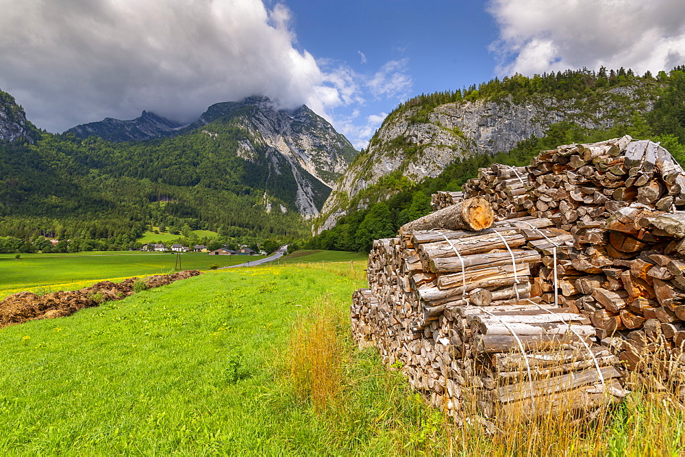 Wood stock piles and mountains, Unterburg, Styria, Tyrol, Austrian Alps, Austria, Europe