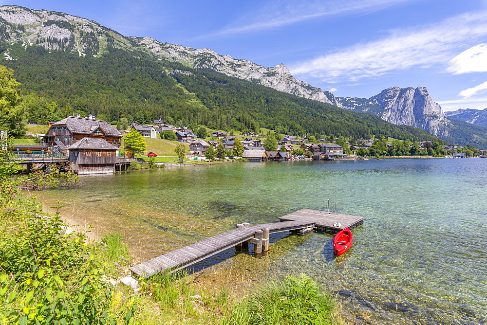 View of Grundlsee village on the shore of lake, Grundlsee, Styria, Austria, Europe