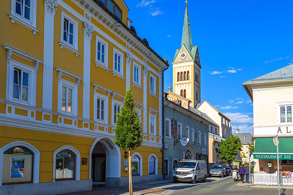 View of colourful Catholic Church at Radstadt, Styria, Austria, Europe