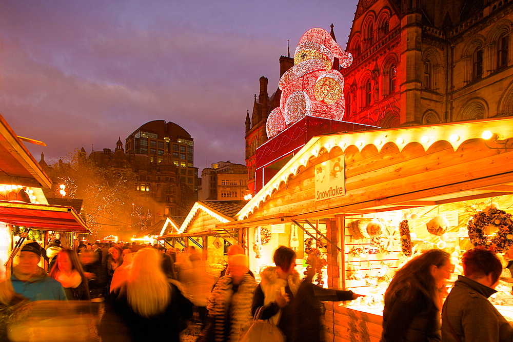 Christmas Market and Town Hall, Albert Square, Manchester, England, United Kingdom, Europe