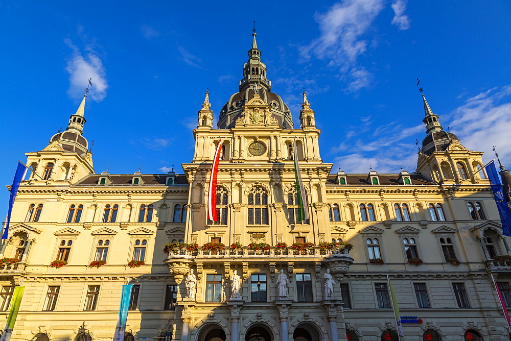 View of colourful Rathaus bathed in late sunlight, Graz, Styria, Austria, Europe