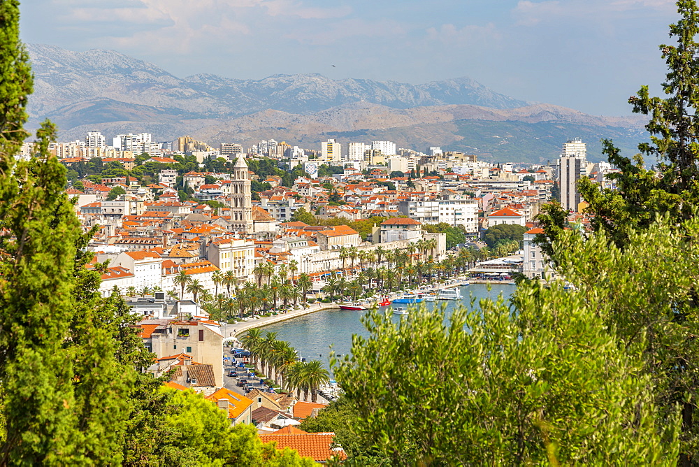 Panoramic view from above Split Town and Cathedral of Saint Domnius, Split, Dalmatian Coast, Croatia, Europe