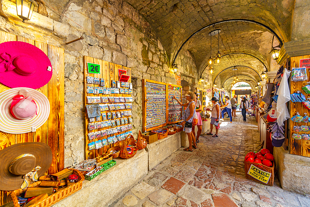 View of Old Town market stalls in Kotor, UNESCO World Heritage Site, Kotor, Montenegro, Europe