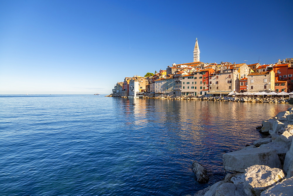 View of harbour and the old town with the Cathedral of St. Euphemia, Rovinj, Istria, Croatia, Adriatic, Europe