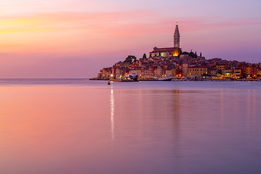 View of harbour and the old town with the Cathedral of St. Euphemia at dusk, Rovinj, Istria, Croatia, Adriatic, Europe