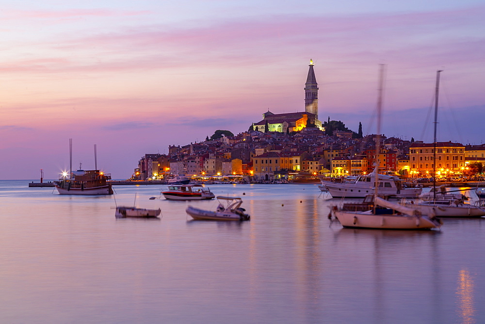 View of harbour and the old town with the Cathedral of St. Euphemia at dusk, Rovinj, Istria, Croatia, Adriatic, Europe