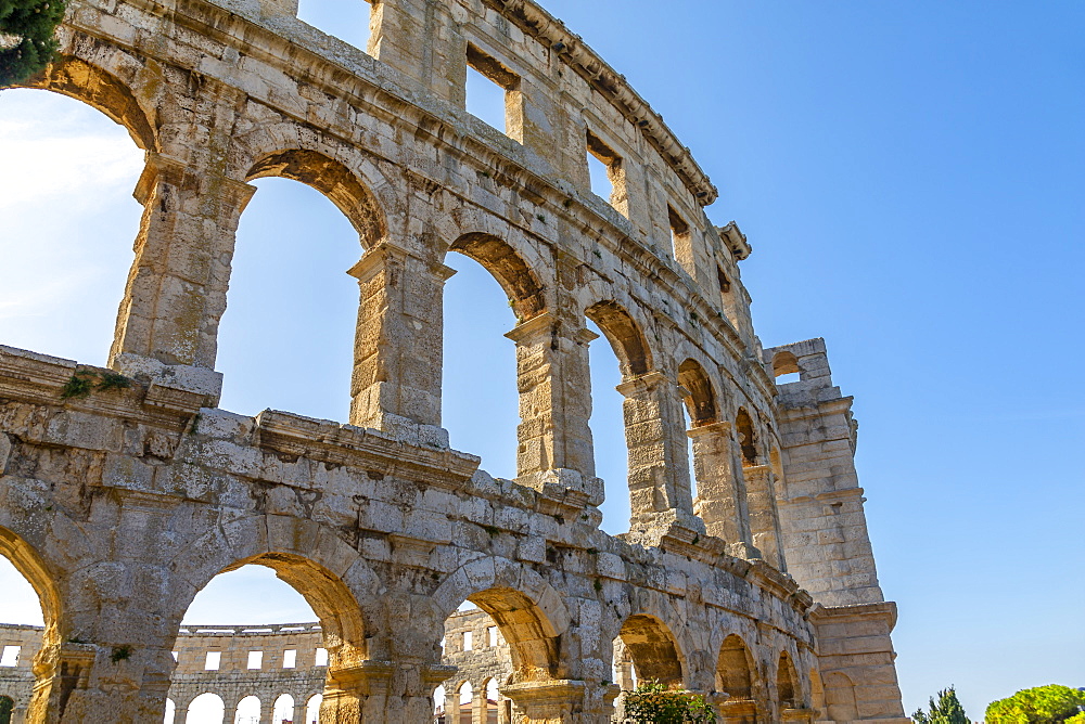 View of the Roman Amphitheatre against blue sky, Pula, Istria County, Croatia, Adriatic, Europe