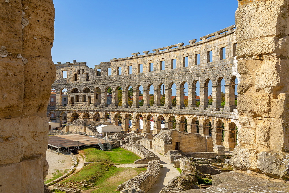 View of the Roman Amphitheatre against blue sky, Pula, Istria County, Croatia, Adriatic, Europe