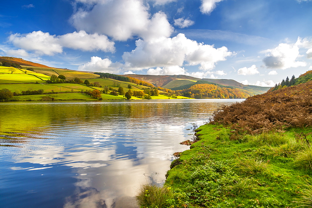 View of autumn colours at Ladybower Reservoir, Derbyshire, Peak District National Park, England, United Kingdom, Europe