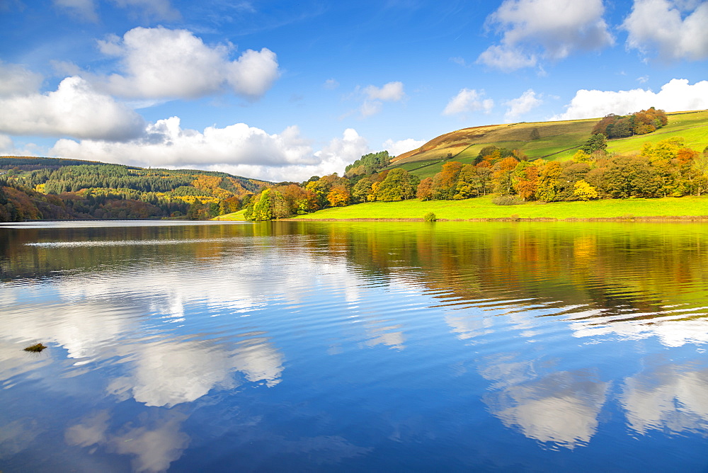 View of autumn colours at Ladybower Reservoir, Derbyshire, Peak District National Park, England, United Kingdom, Europe