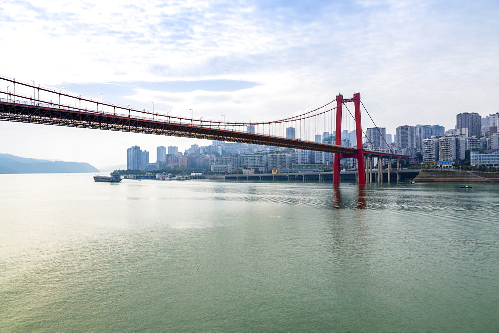 View of suspension bridge over the Yangtze River near Wanzhou, Chongqing, People's Republic of China, Asia