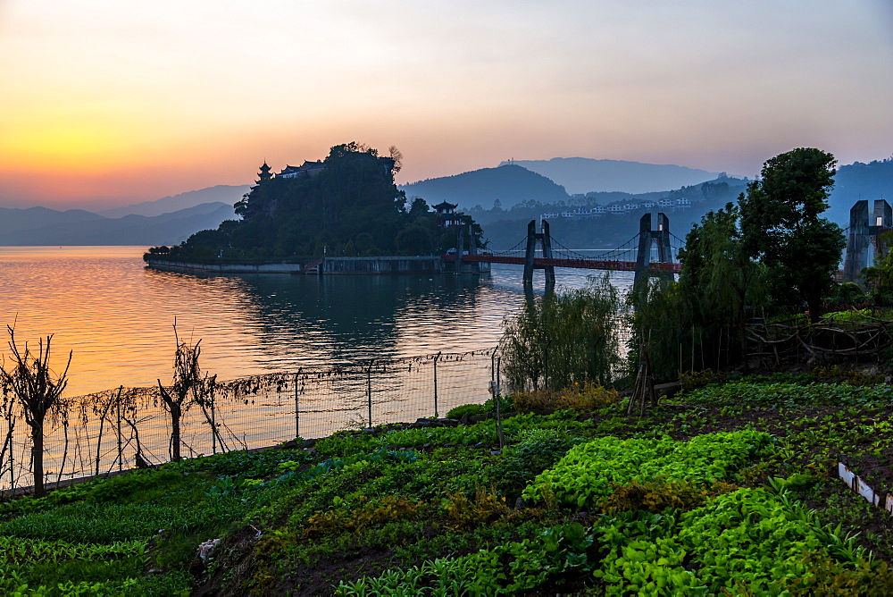 View of Shi Baozhai Pagoda at sunset on Yangtze River near Wanzhou, Chongqing, People's Republic of China, Asia