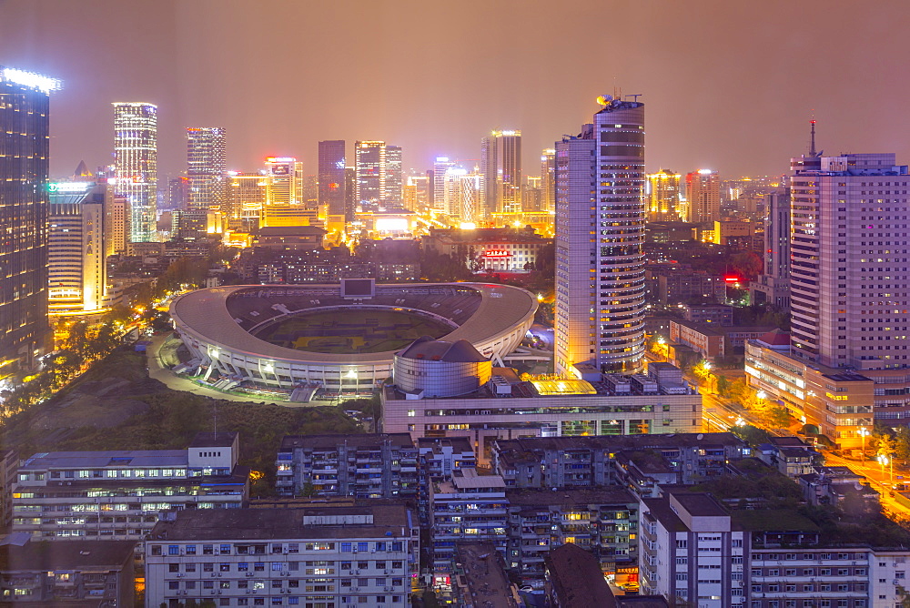 View of Tianfu Expo Center at night, Chengdu, Sichuan Province, People's Republic of China, Asia