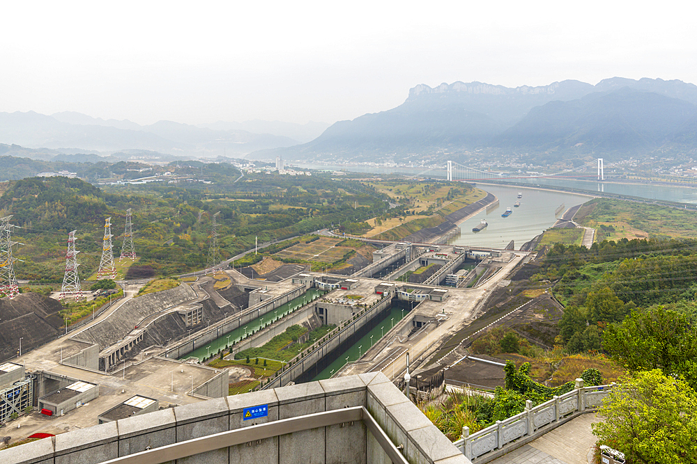 View of ship locks at The Three Gorges Dam at Sandouping, Sandouping, Hubei, China, Asia