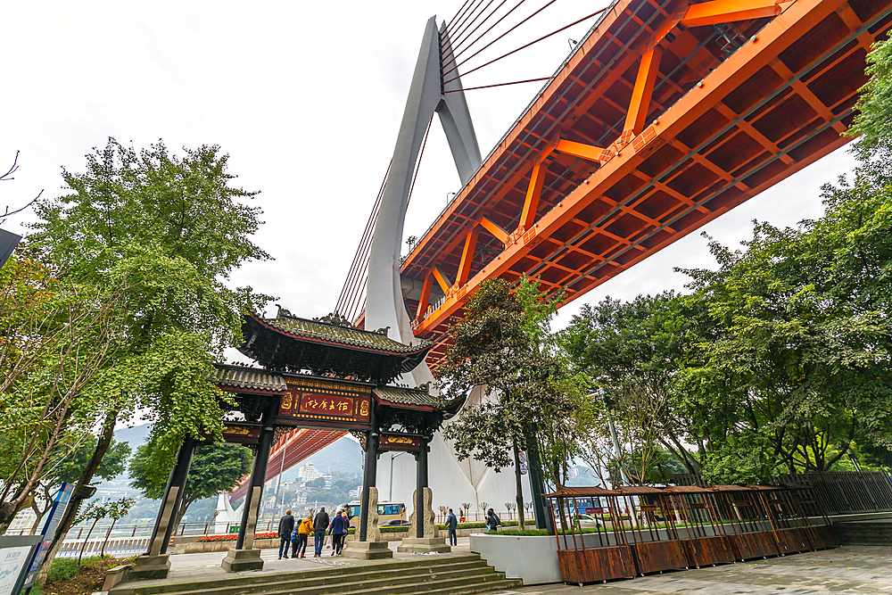 View of Masangxi Bridge and city urban architecture, Yuzhong District, Chongqing, China, Asia