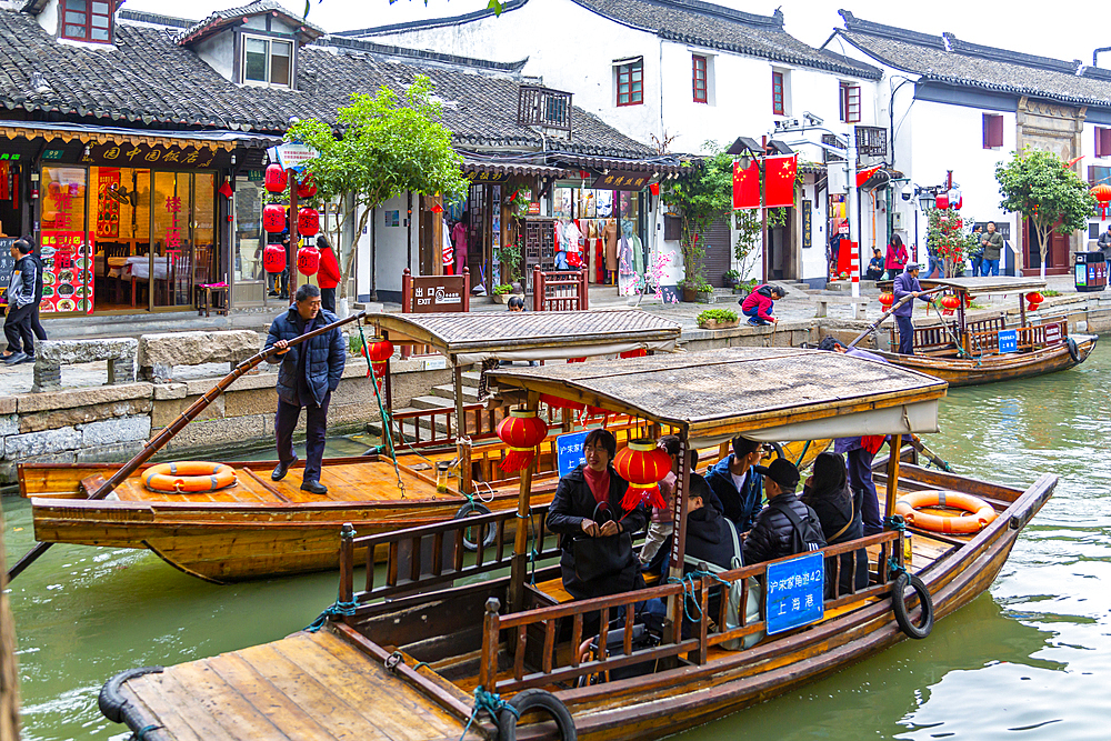 View of boats on waterway in Zhujiajiaozhen water town, Qingpu District, Shanghai, China, Asia