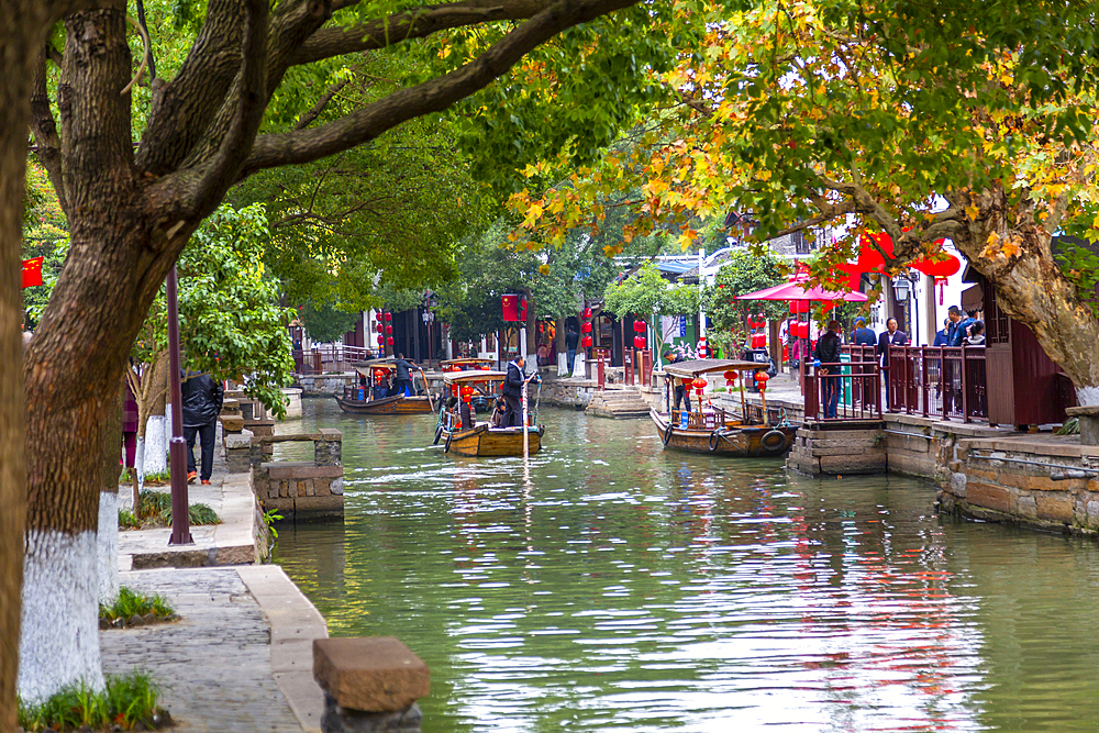 View of boats on waterway in Zhujiajiaozhen water town, Qingpu District, Shanghai, China, Asia