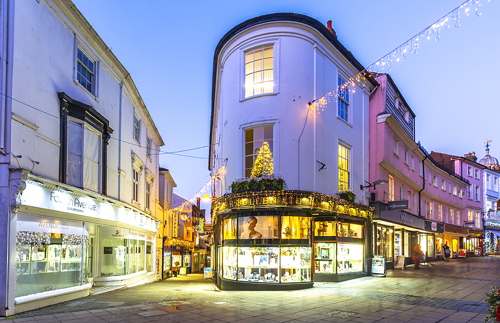 View of shops on London Street at Christmas, Norwich, Norfolk, East Anglia, England, United Kingdom, Europe