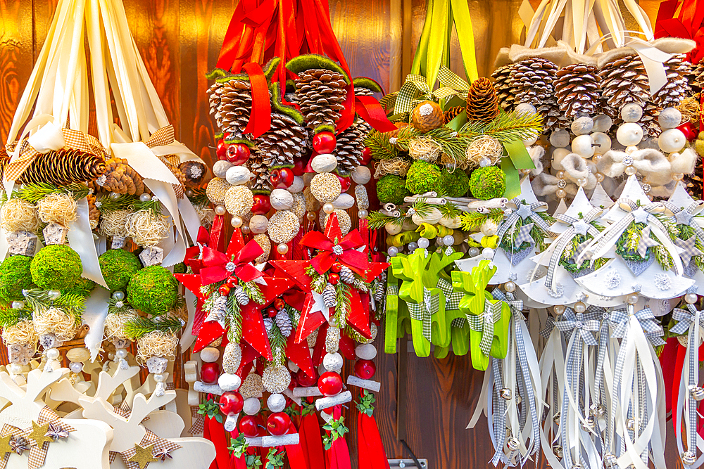 Christmas decorations on Christmas Market in Marienplatz, Munich, Bavaria, Germany, Europe