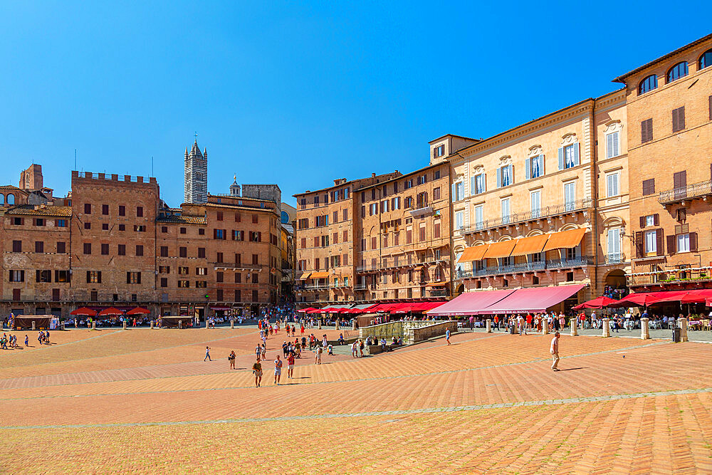 View of Piazza del Campo and Siena Cathedral (Duomo), UNESCO World Heritage Site, Siena, Tuscany, Italy, Europe