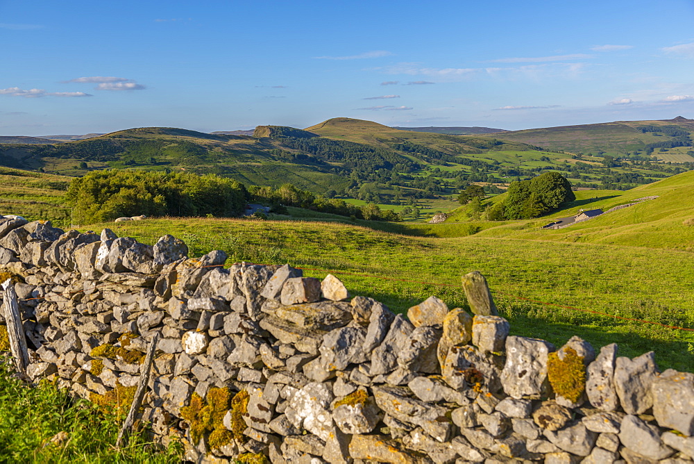 Traditional dry stone wall and view of Hope Valley, Castleton, Peak District National Park, Derbyshire, England, United Kingdom, Europe