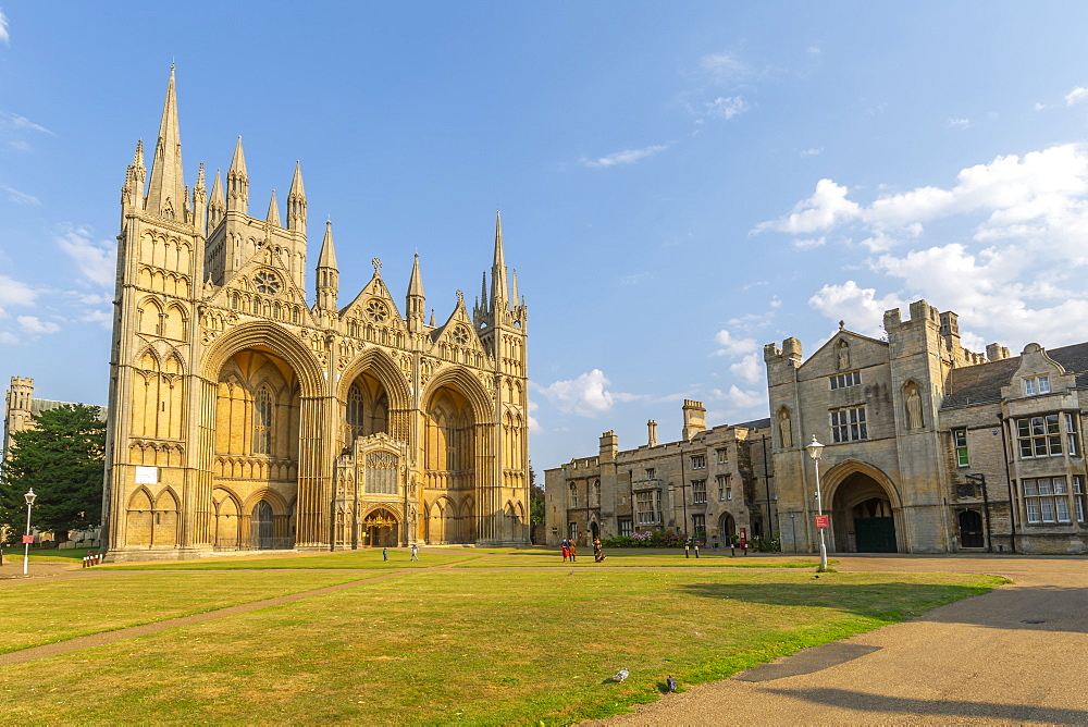 View of Gothic facade of Peterborough Cathedral from Dean's Court, Peterborough, Northamptonshire, England, United Kingdom, Europe