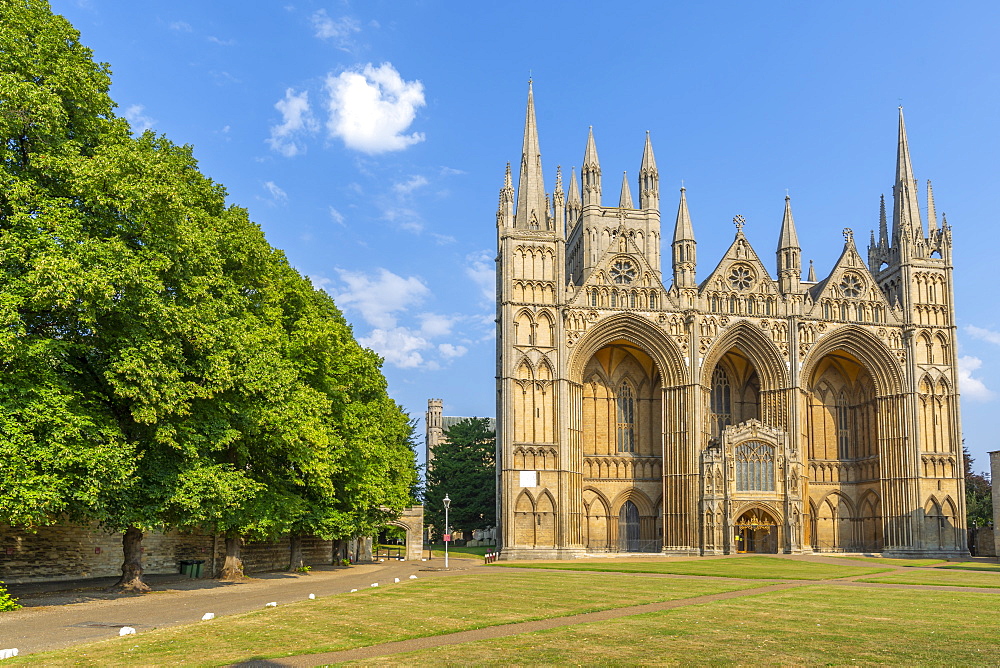 View of Gothic facade of Peterborough Cathedral from Dean's Court, Peterborough, Northamptonshire, England, United Kingdom, Europe