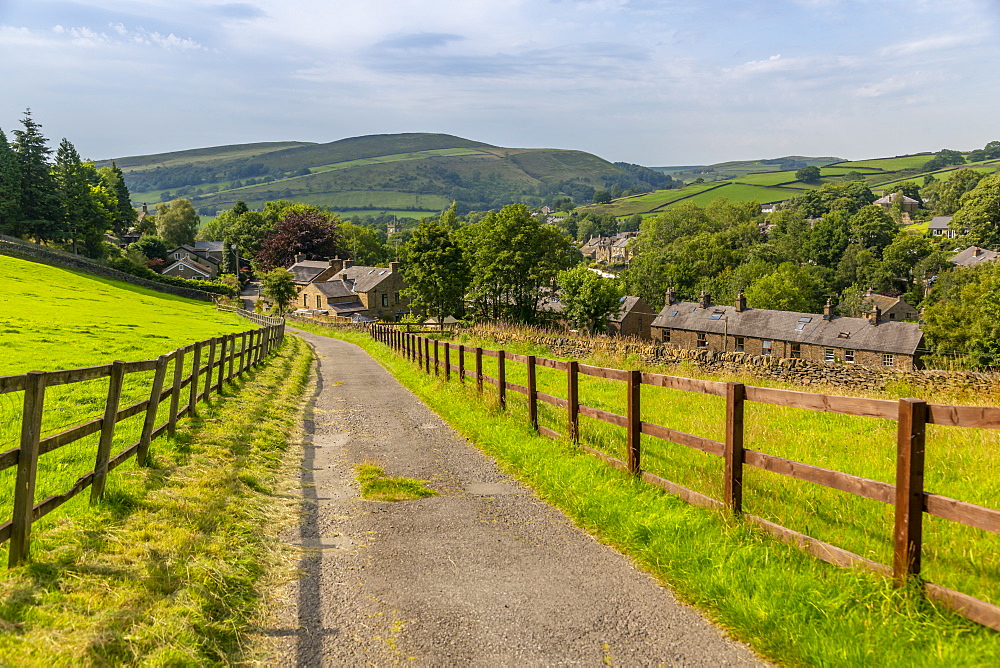 View of Hayfield including St. Mathews Church and hills surrounding village, High Peak, Derbyshire, England, United Kingdom, Europe