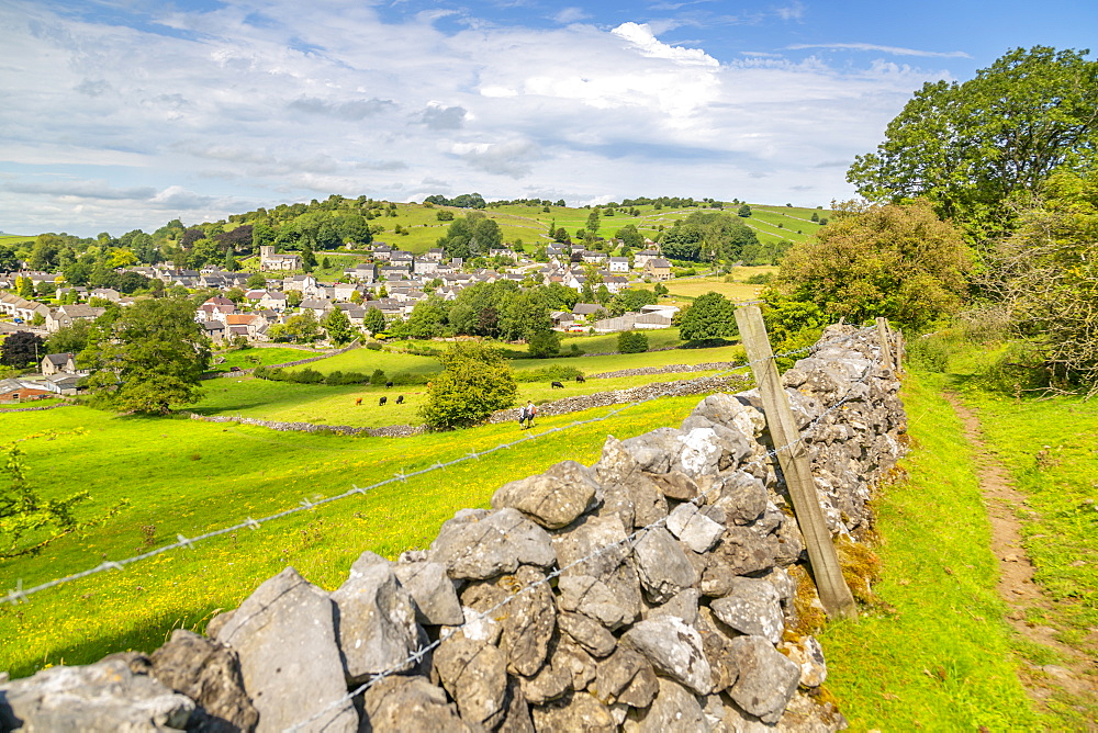 View of dry stone walls and Brassington, Derbyshire Dales, Derbyshire, England, United Kingdom, Europe