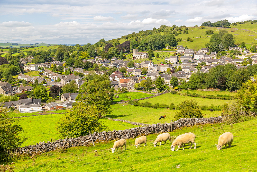 View of dry stone walls and Brassington, Derbyshire Dales, Derbyshire, England, United Kingdom, Europe