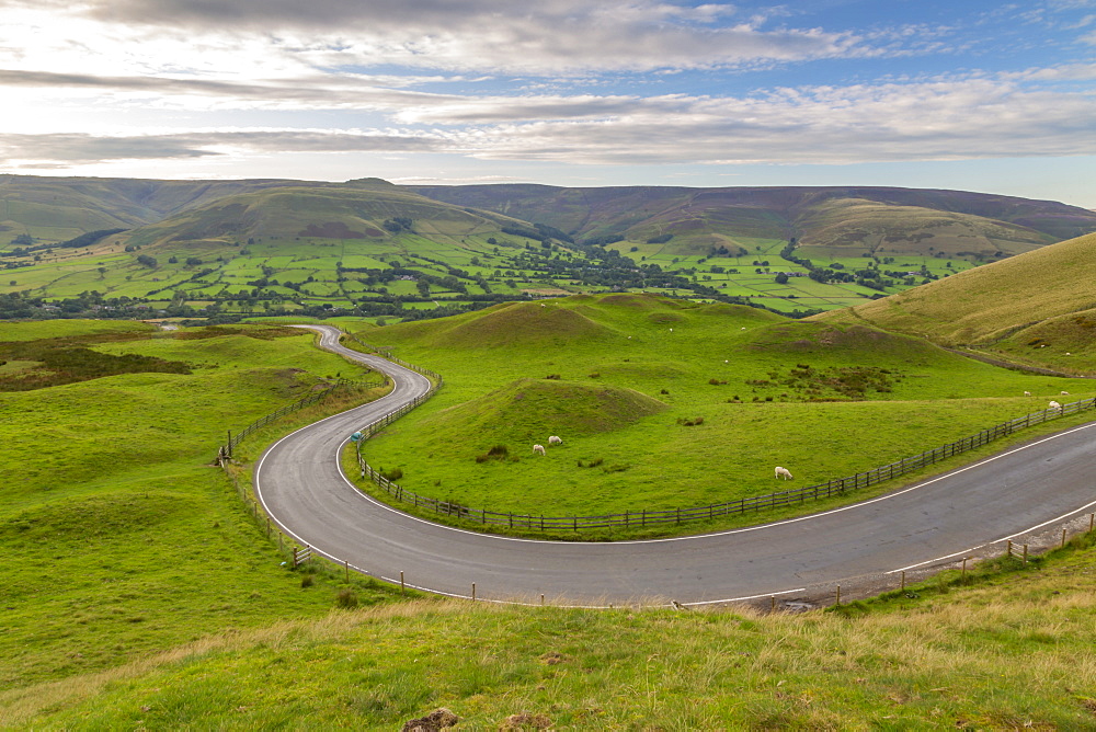 View of winding road toward Edale, Vale of Edale, Peak District National Park, Derbyshire, England, United Kingdom, Europe