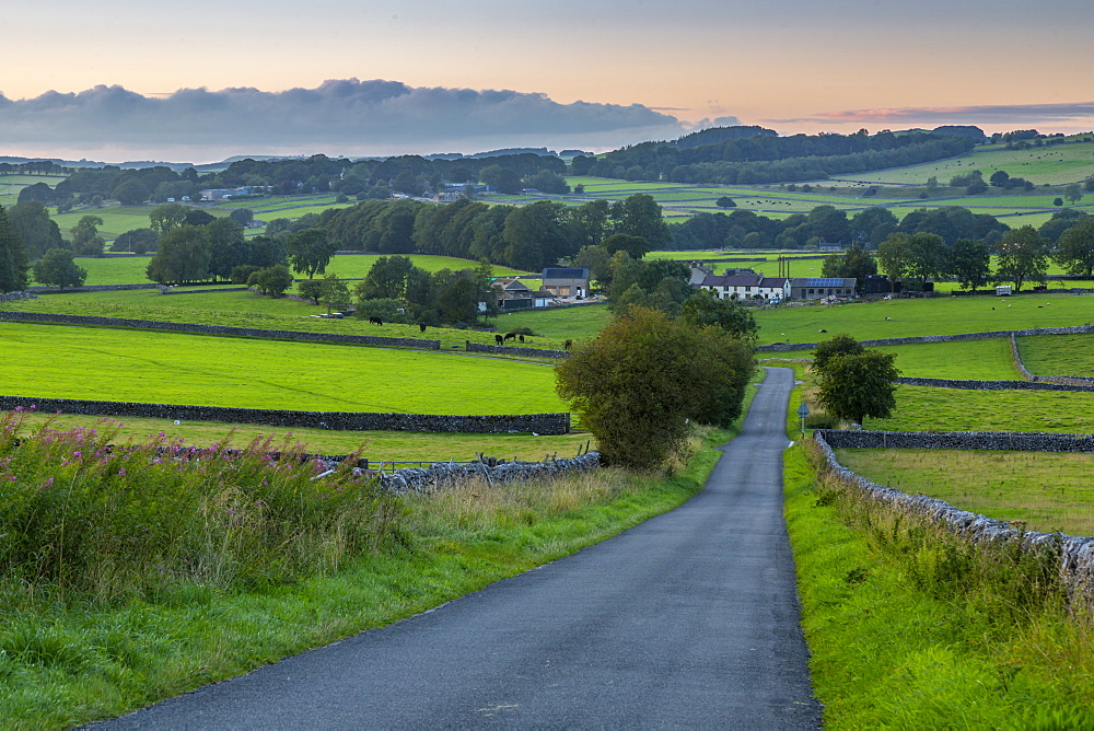 View of dry stone walls and Biggin village, Peak District National Park, Derbyshire, England, United Kingdom, Europe