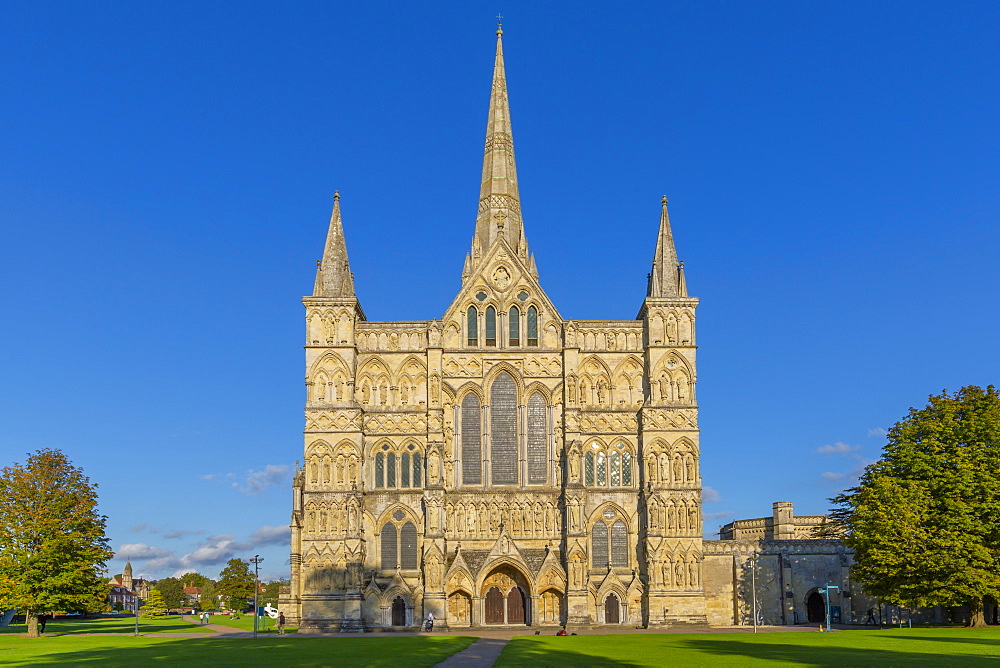 View of Salisbury Cathedral against clear blue sky, Salisbury, Wiltshire, England, United Kingdom, Europe