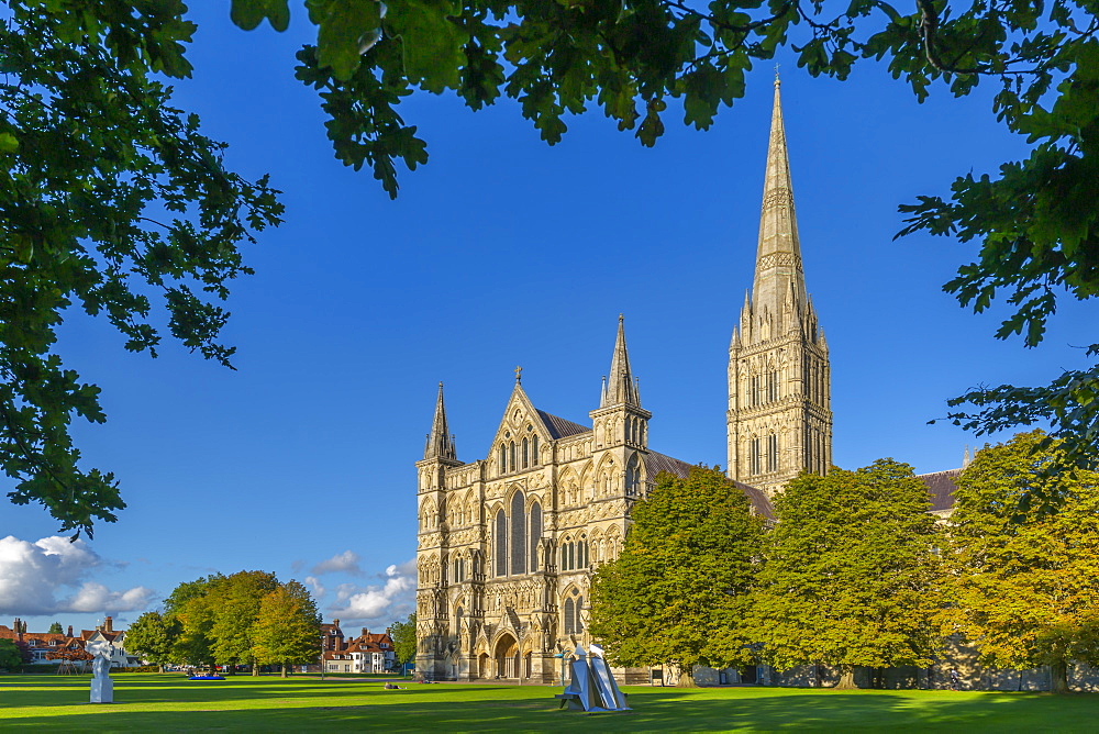 View of Salisbury Cathedral framed by trees, Salisbury, Wiltshire, England, United Kingdom, Europe