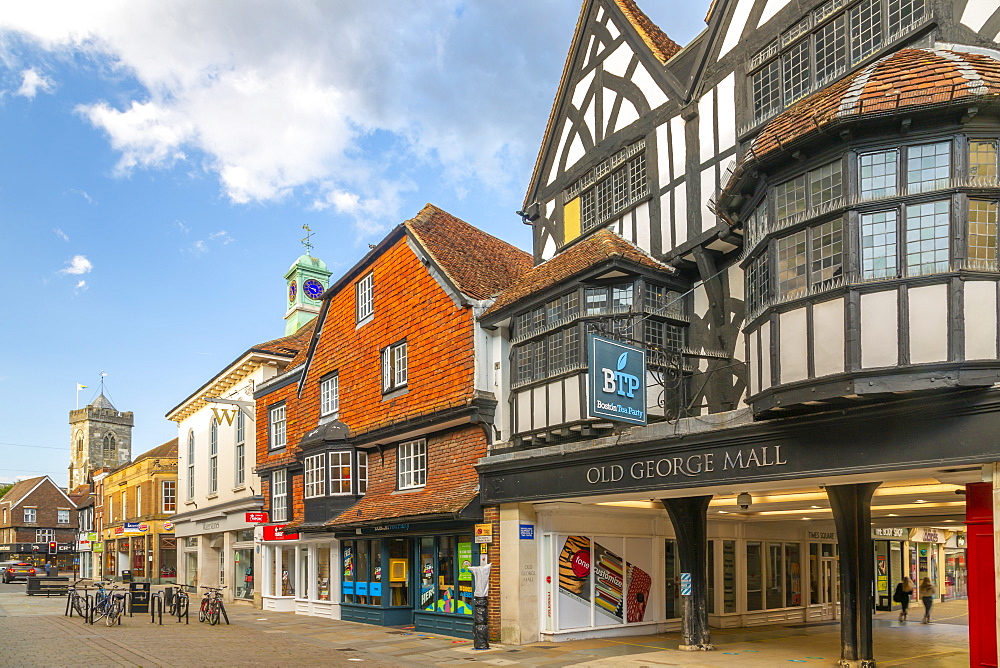 View of Old George Mall, shops and bars on High Street, Salisbury, Wiltshire, England, United Kingdom, Europe