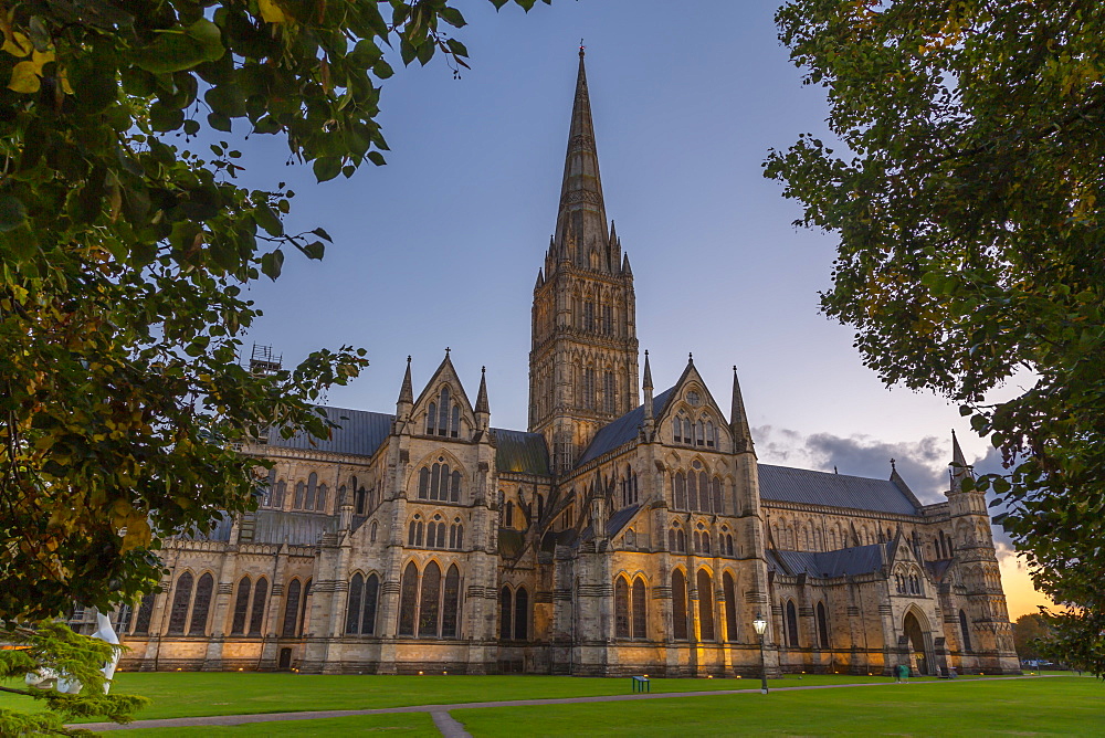 View of Salisbury Cathedral at dusk, Salisbury, Wiltshire, England, United Kingdom, Europe