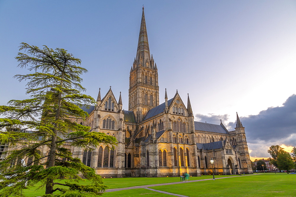 View of Salisbury Cathedral at dusk, Salisbury, Wiltshire, England, United Kingdom, Europe