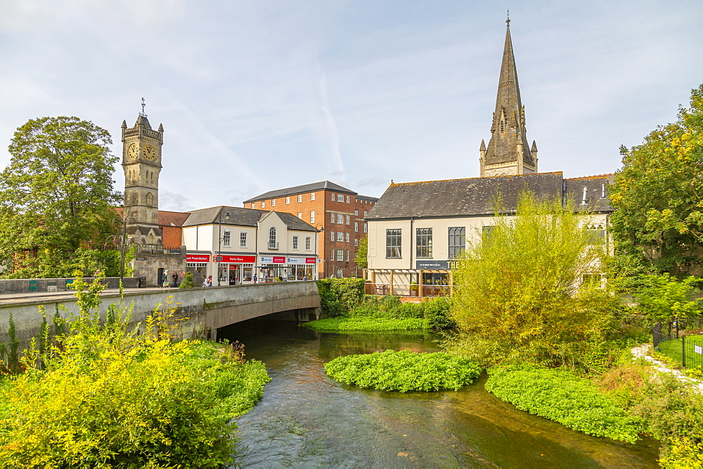 View of River Avon and ornate clock tower on Fisherton's Street, Salisbury, Wiltshire, England, United Kingdom, Europe