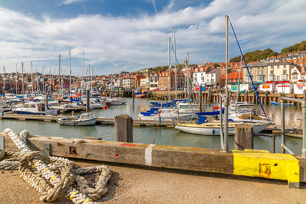 View of old harbour below Castle Hill, Scarborough, North Yorkshire, Yorkshire, England, United Kingdom, Europe