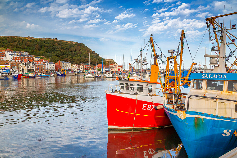 View of old harbour below Castle Hill, Scarborough, North Yorkshire, Yorkshire, England, United Kingdom, Europe