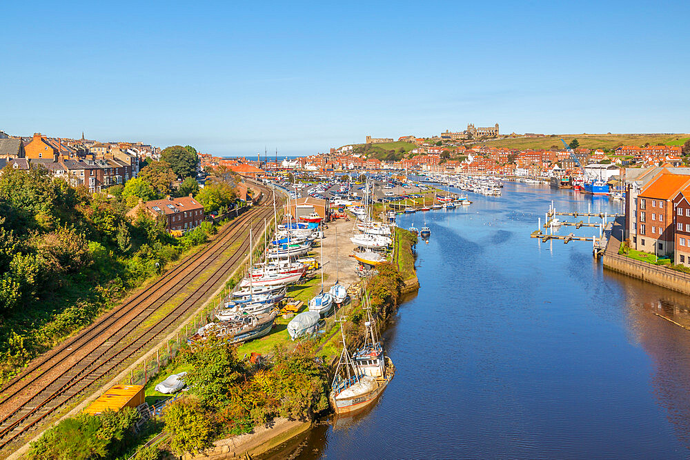 View of Whitby and River Esk from high bridge, North Yorkshire, England, United Kingdom, Europe