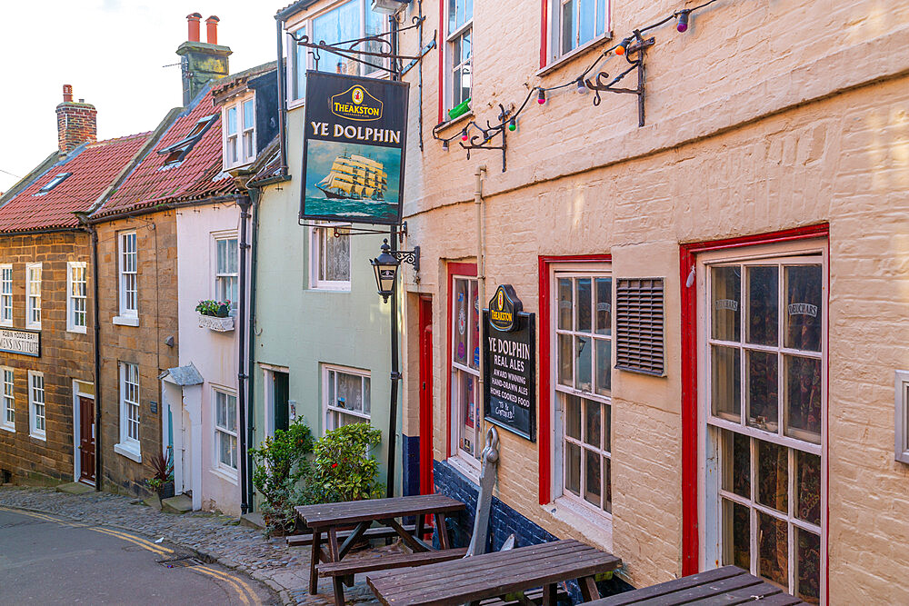 View of traditional inn on King Street in Robin Hood's Bay, North Yorkshire, England, United Kingdom, Europe