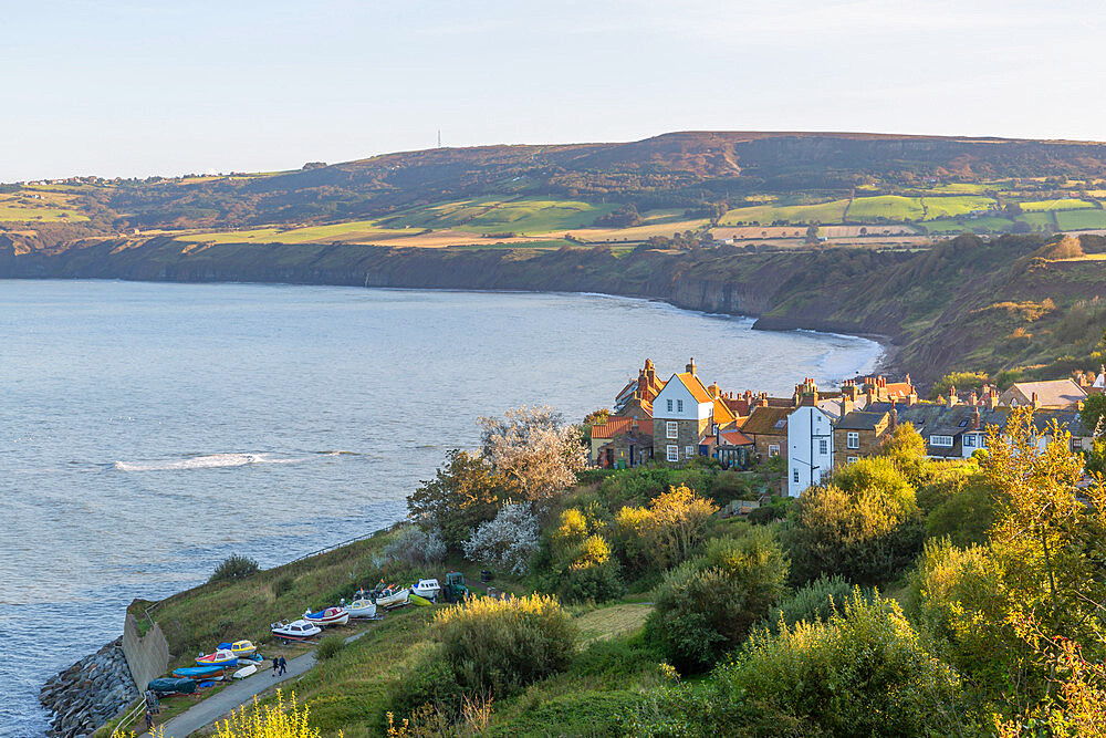 Panoramic view of old fishing village in Robin Hood's Bay, North Yorkshire, England, United Kingdom, Europe