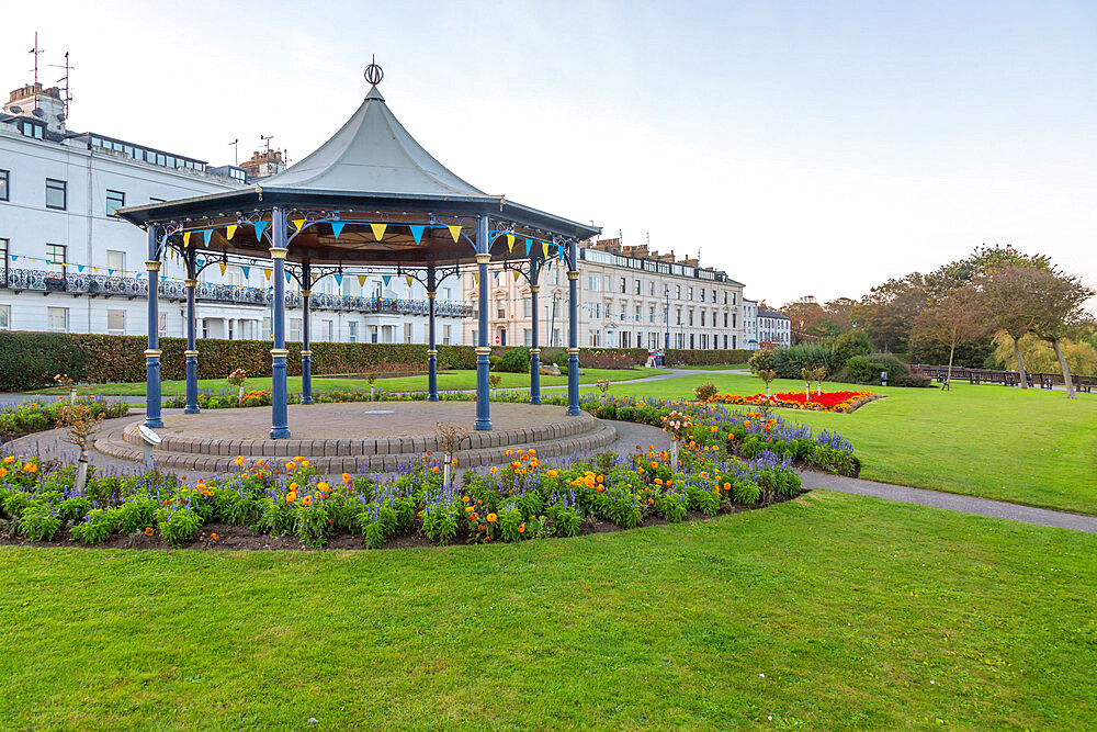 View of Crescent Gardens Bandstand at dusk, Filey, North Yorkshire, England, United Kingdom, Europe