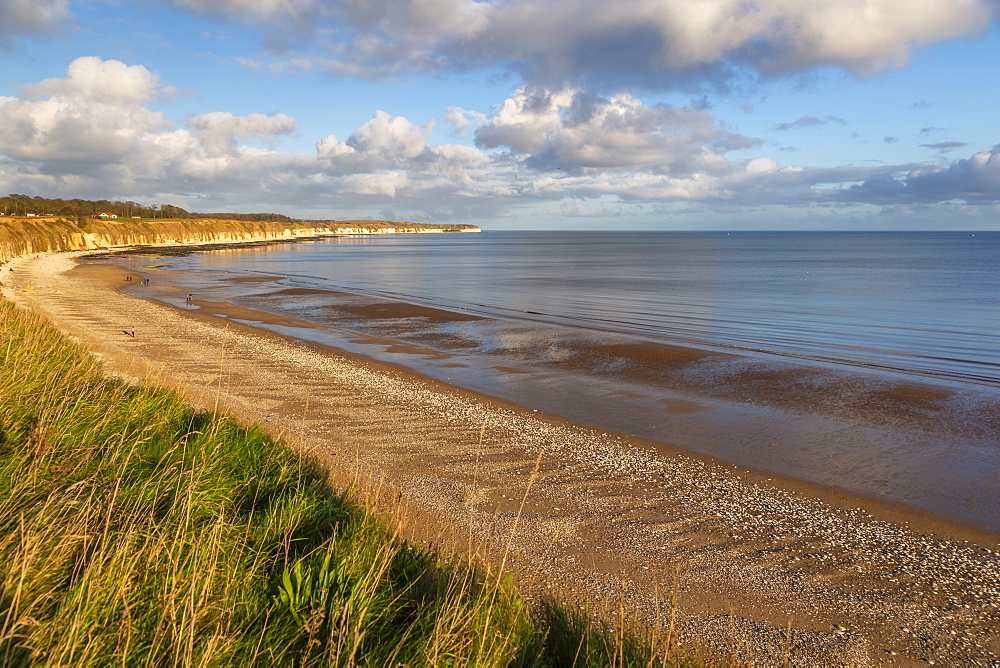 View of Flamborough Head from North Beach shoreline, Bridlington, North Yorkshire, England, United Kingdom, Europe